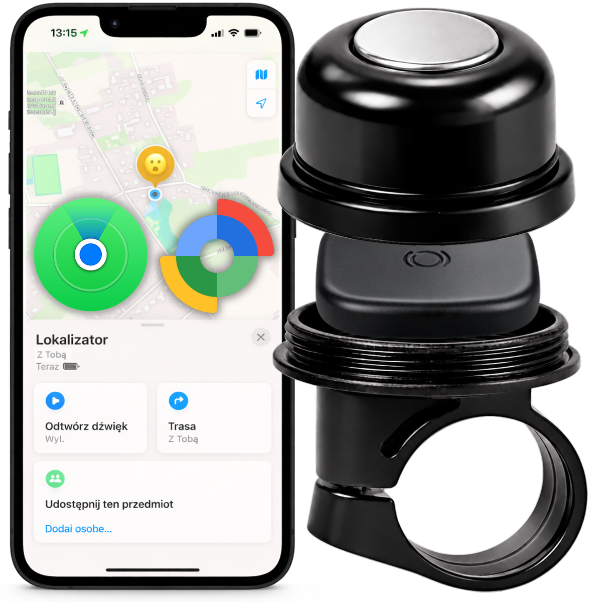 1x Dzwonek rowerowy z miejscem na lokalizator ABB1 Czarny + 1x Lokalizator smart tag F17 Google Find My